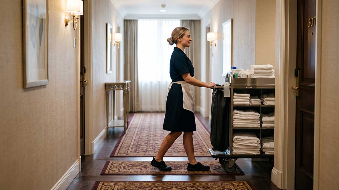 A housekeeper pushing a trolley down a corridor