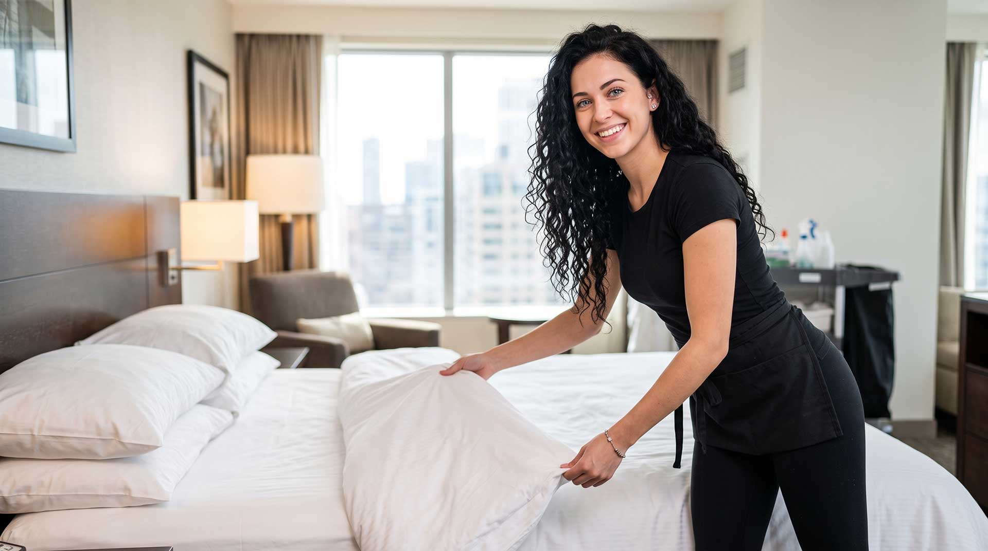 A tidy housekeeper making a bed